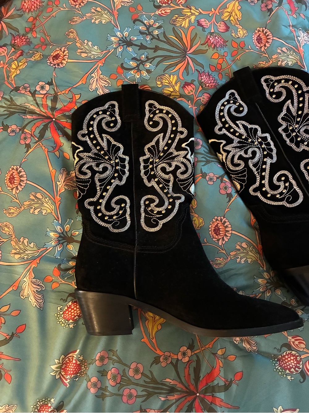 Dolce Vita Black Suede Embellished Western Heeled Boots - Picture 3 of 12